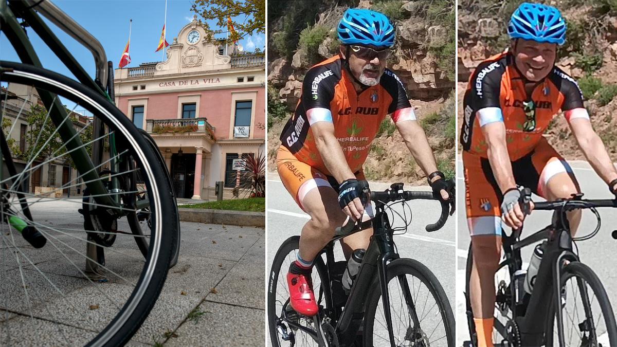 Las banderas del ayuntamiento de Rubí (Vallès Occidental) ondean a media hasta por las muertes de los ciclistas Miguel Moya (izquierda) y Jose María De la Torre (derecha).