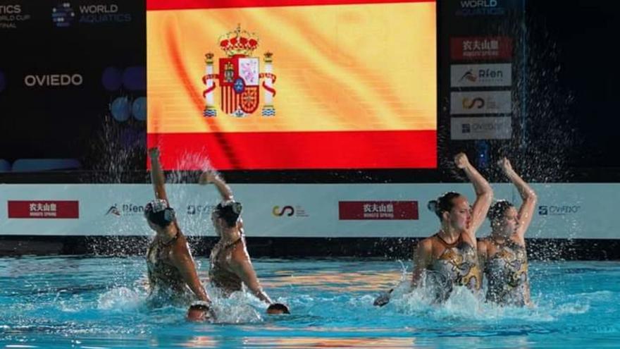 El equipo español, durante la Superfinal de la Copa del Mundo de sincronizada celebrada el año pasado en Oviedo.