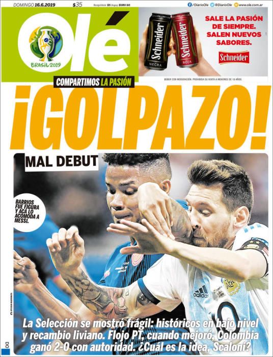 Portada OLÉ domingo 16 de junio de 2019.