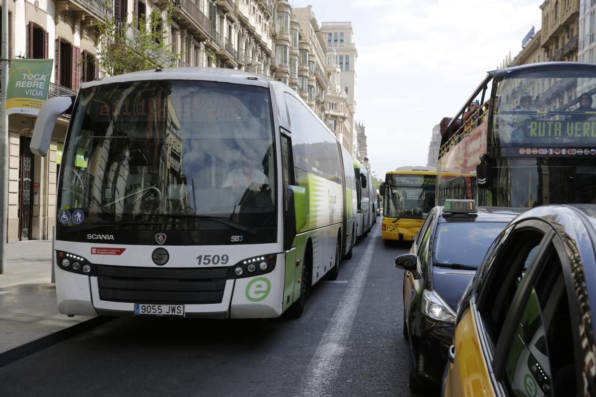 Hilera de buses interurbanos detenidos en la ladera de la ronda de la Universitat