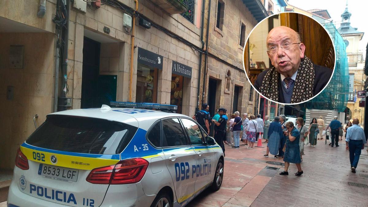 La Policía Local y varios fieles junto a la casa parroquial donde fue hallado el cuerpo sin vida. En el círculo, José Luis Alonso Tuñón en una imagen de archivo.