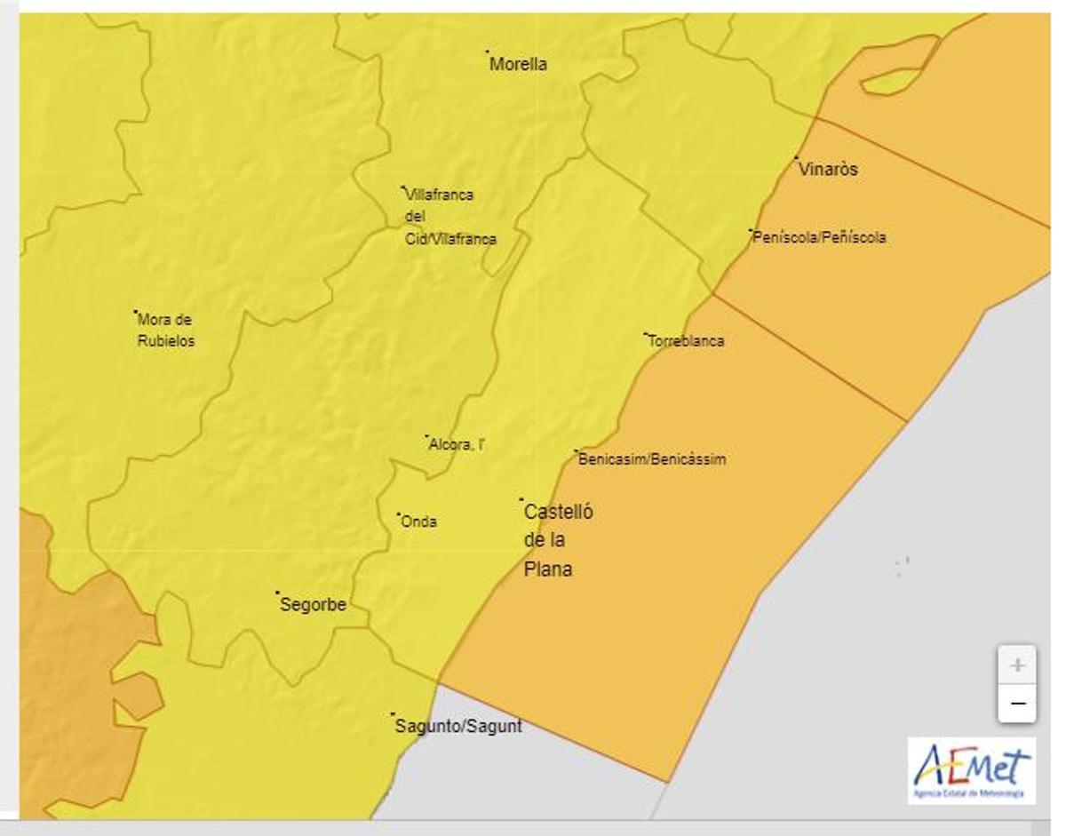 Mapa que muestra dónde se activa la alerta naranja y la amarilla en Castellón.