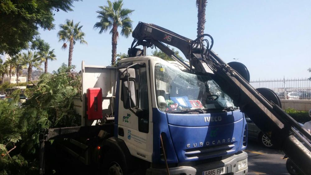 Podaba árboles en la avenida Manuel Agustín Heredia cuando el brazo de la grúa cedía y caía, destrozando la cabina del camión y haciendo caer al operario.