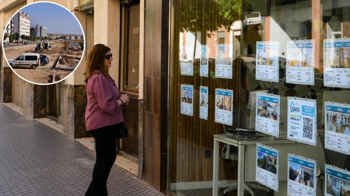 En la imagen grande, una mujer observa el escaparate de una inmobiliaria cordobesa. En la imagen pequeña, construcción de viviendas en Huerta Santa Isabel Oeste.