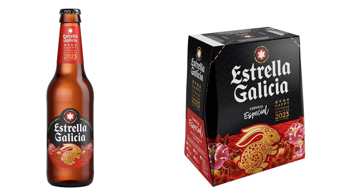 Botella y pack de la edición especial de Estrella Galicia con el diseño dedicado al Año del Conejo con motivo del año nuevo chino.