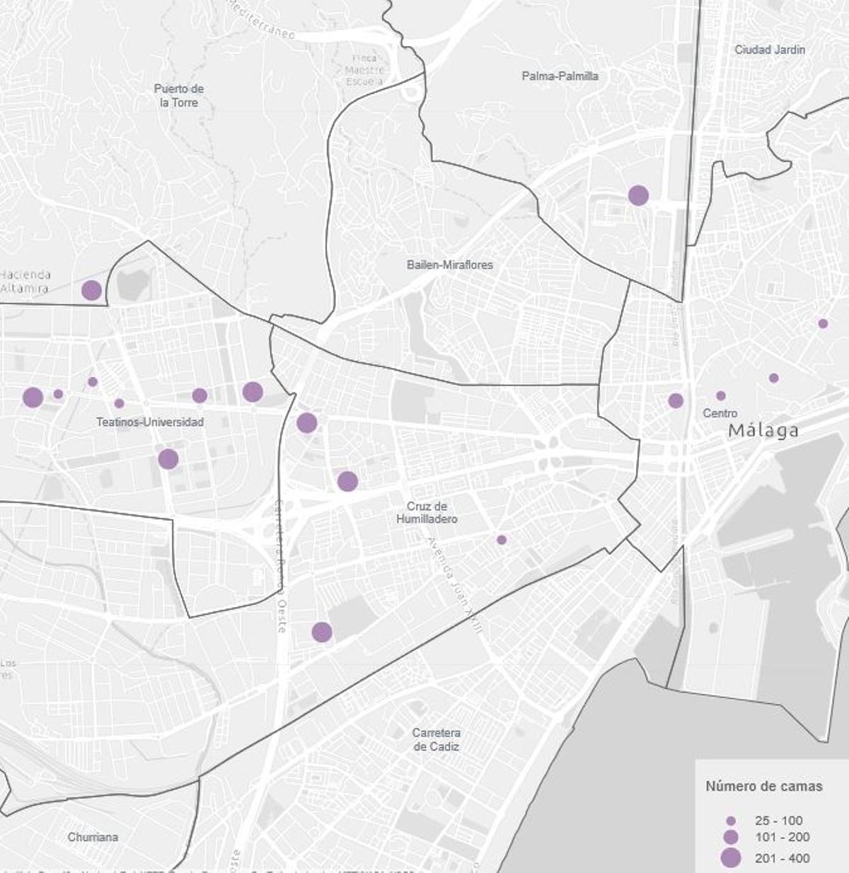 Distribución de las residencias de estudiantes en Málaga.