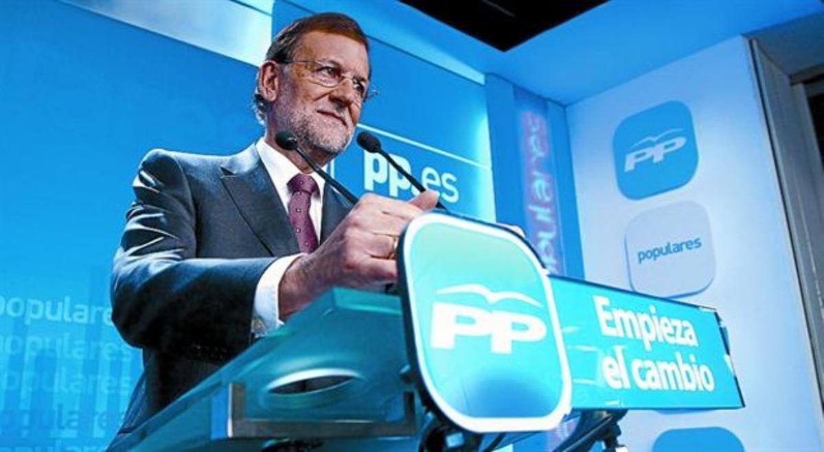 El president del PP, Mariano Rajoy, ahir en la compareixença que va protagonitzar a la seu del partit.
