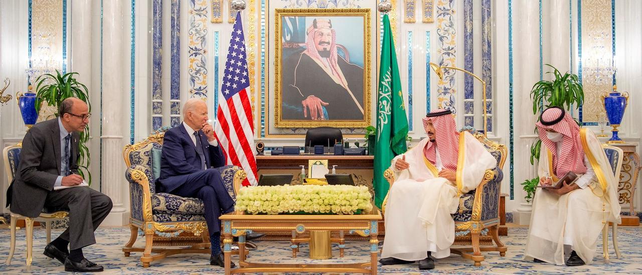 Saudi King Salman bin Abdulaziz receives U.S. President Joe Biden at Al Salman Palace upon his arrival in Jeddah