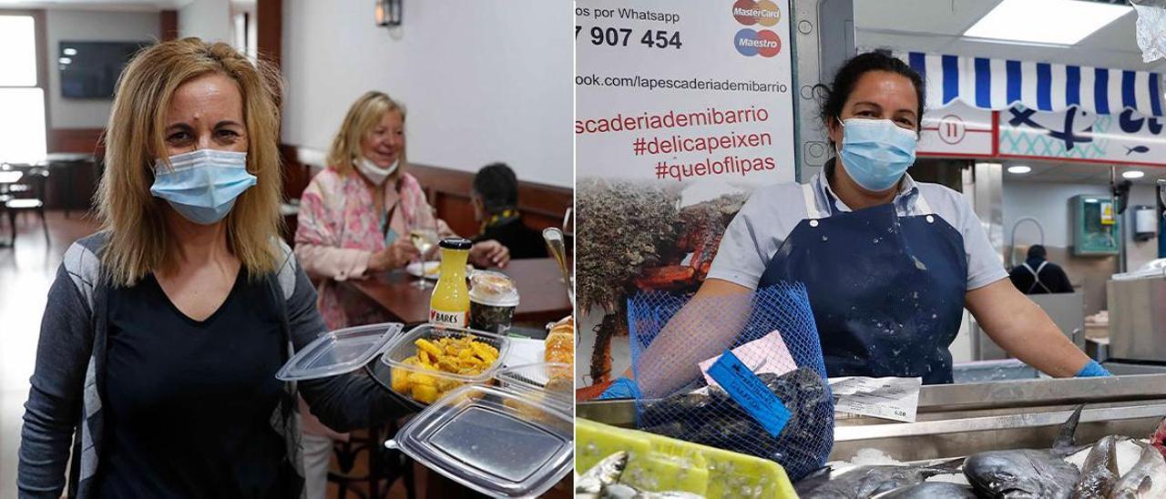 El menú sorpresa del grupo La ilusión (izq.) y Beatriz Raimóndez en su puesto en el mercado de Teis, que se puede encontar en la app.