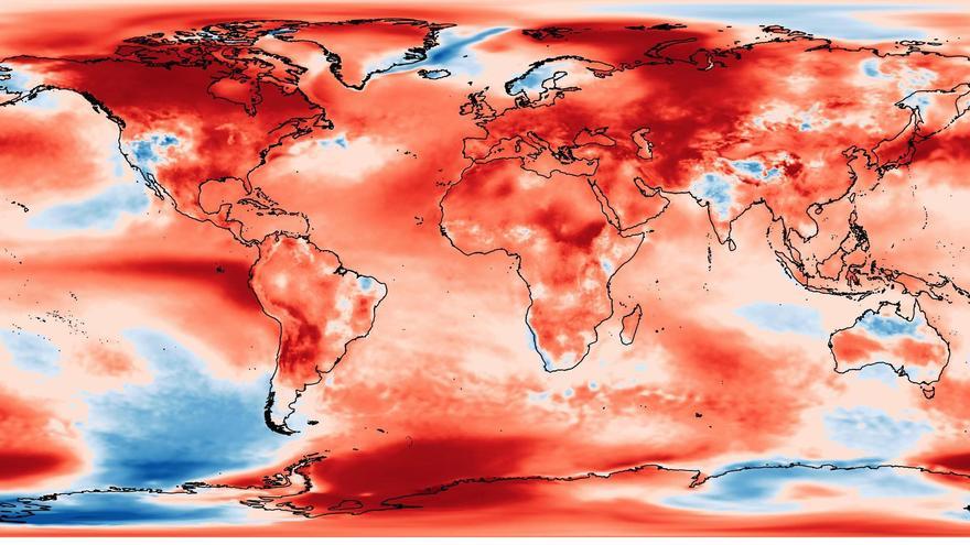 Mapa del món amb la diferència de temperatura de l'aire l'any 2023 respecte al període 1991-2020. El blau fort suposa una variació de -2,3ºC, el blanc equival a 0ºC  i el granate, +5,3ºC.