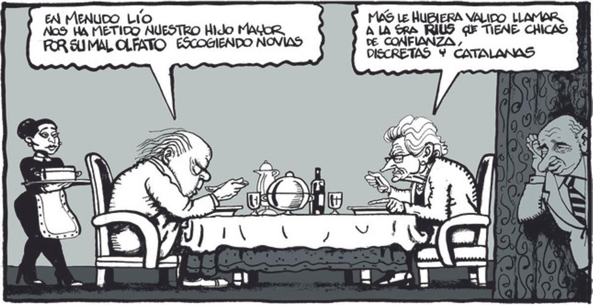 28 de octubre del 2014. Viñetas de Ferreres que caricaturiza a Jordi Pujol y Marta Ferrusola lamentando el tipo de novias que elige su hijo mayor.