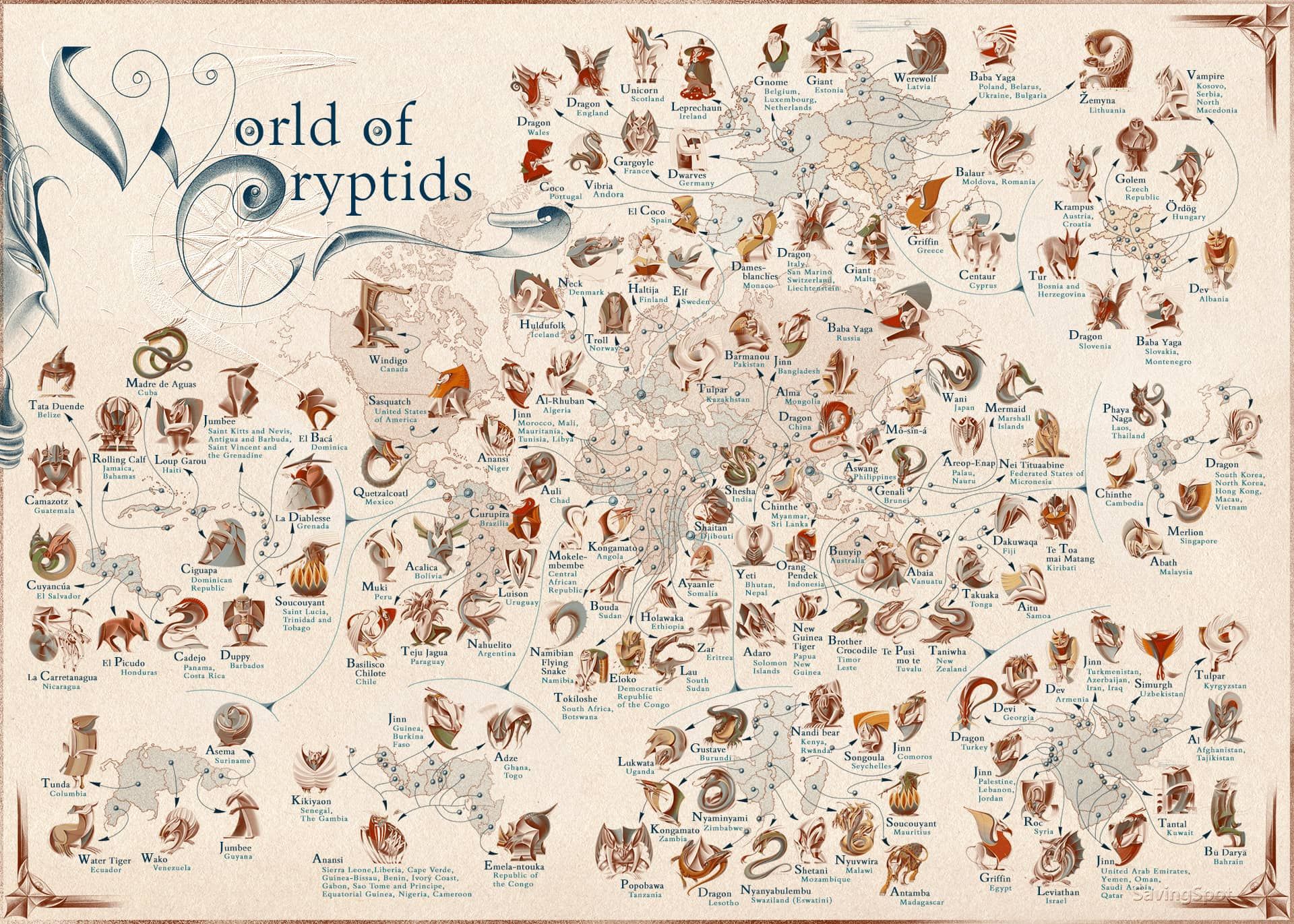 Mapa de las criaturas mitológicas de cada continente