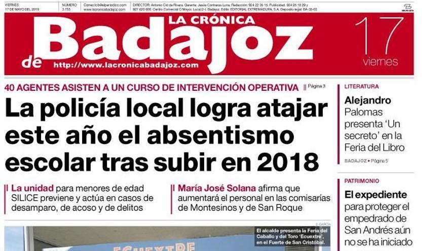 Esta es la portada de LA CRÓNICA DE BADAJOZ correspondiente al día 17 de mayo del 2019