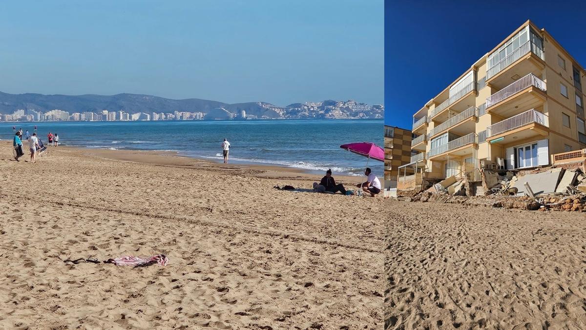 A la izquierda, primeros bañistas en la playa del sur. A la derecha, los escombros casi tres meses después del temporal.