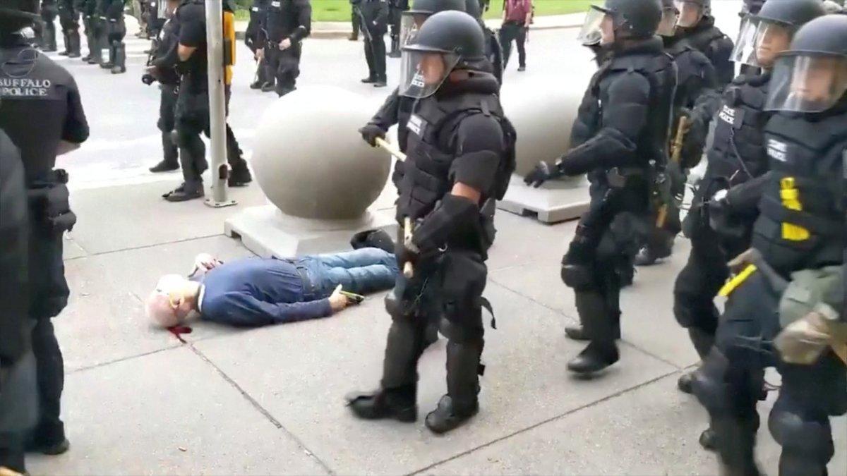SENSITIVE MATERIAL. THIS IMAGE MAY OFFEND OR DISTURB     An elderly man bleeds from his ears after falling, after appearing to be shoved by riot police during a protest against the death in Minneapolis police custody of George Floyd, in Buffalo, New York, U.S. June 4, 2020 in this still image taken from video. WBFO/via REUTERS TV ATTENTION EDITORS - NO RESALES. NO ARCHIVES. THIS IMAGE HAS BEEN SUPPLIED BY A THIRD PARTY. MANDATORY CREDIT