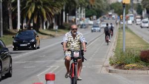 Un usuario del Bicing baja por el vial ciclista de la calle de la Marina