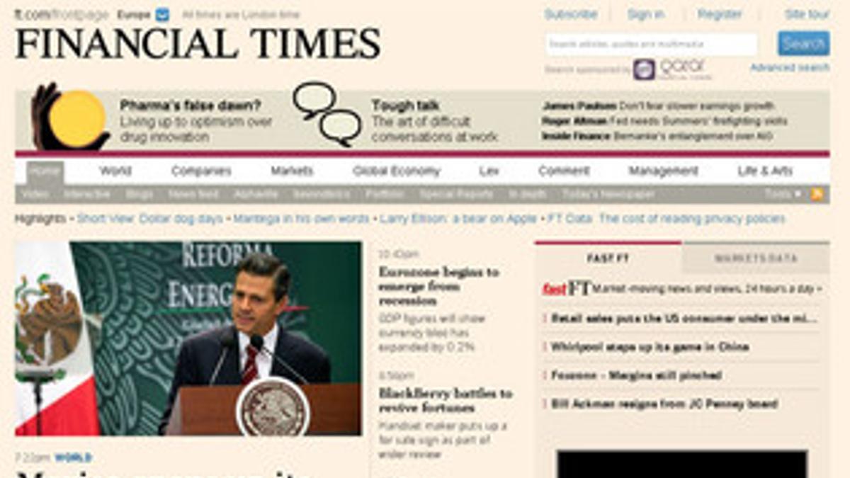 La portada de la edición digital del 'Financial Times', este martes al mediodía.