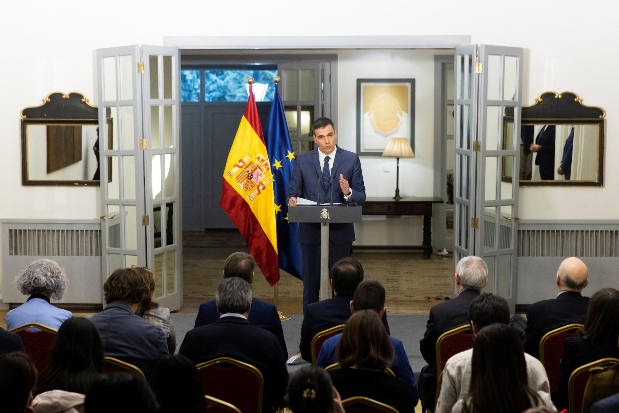 Spanish Prime Minister Pedro Sanchez attends a news conference at the Spanish embassy in Beijing