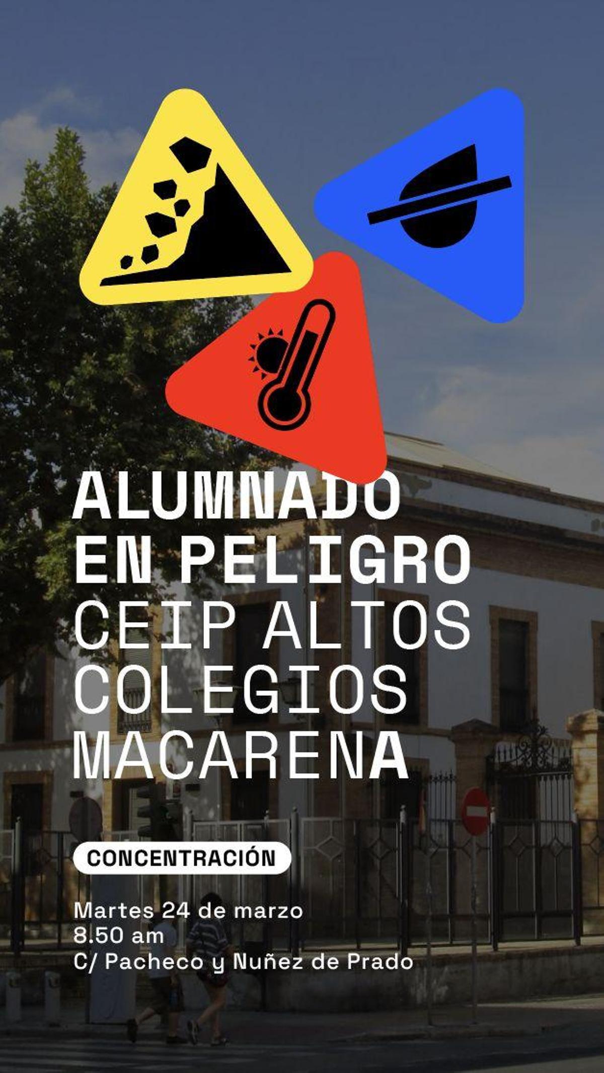 Convocatoria de la manifestación de las familias del CEIP Altos Colegios Macarena.