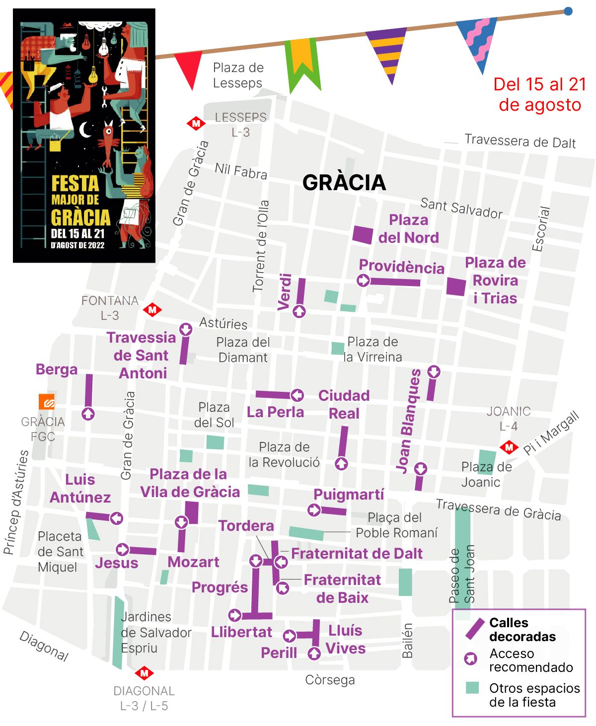 Mapa calles engalanadas fiestas de Gracia 2022