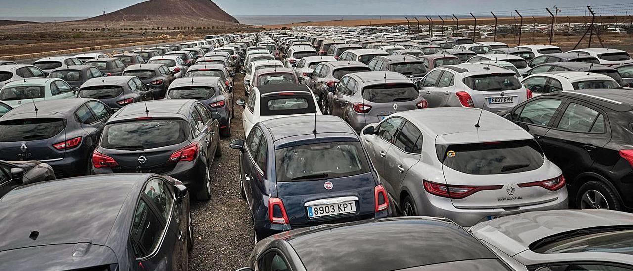 Vehículos destinados el alquiler y aparcados en un descampado del Sur de Tenerife.