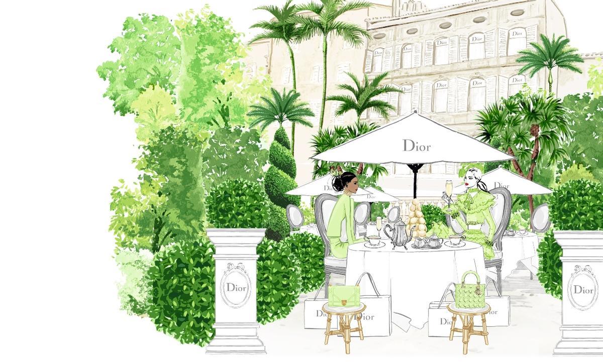Café de Dior en Saint-Tropez, con el color verde se crea un espacio reparador y relajante para el visitante.