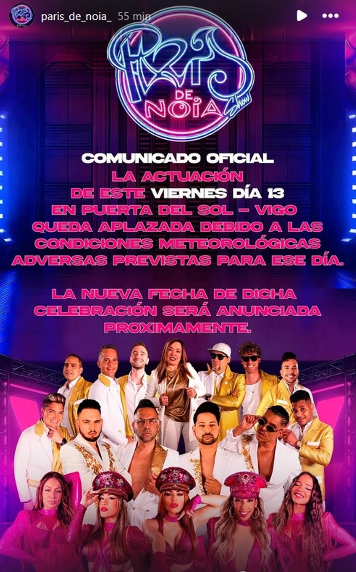 París de Noia publicó en redes sociales la cancelación de su concierto