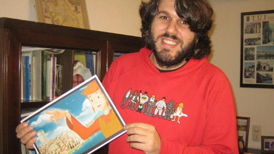 Roque Cameselle muestra uno de los dibujos de la película, con paisaje de Tui.  // E.G.