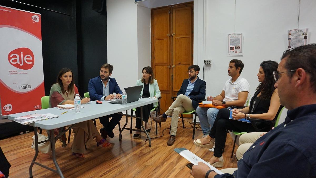 La delegada de Empleo, Empresa y Trabajo Autónomo, M.ª Dolores Gálvez, reunida con la Asociación de Jóvenes Empresarios, AJE, de Córdoba.