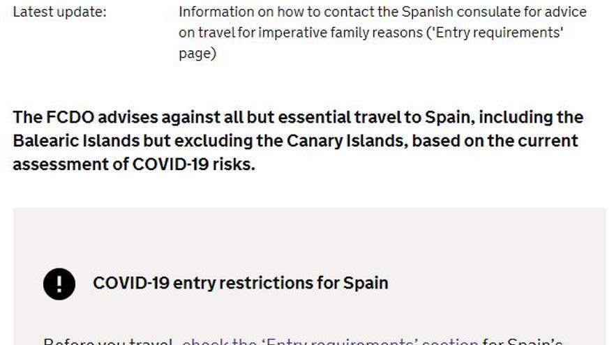 Información que aparece en la web del ministerio de Relaciones Exteriores británico que alude a que se permiten los viajes a Canarias