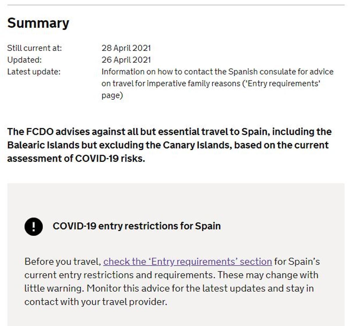 Información que aparece en la web del ministerio de Relaciones Exteriores británico que alude a que se permiten los viajes a Canarias