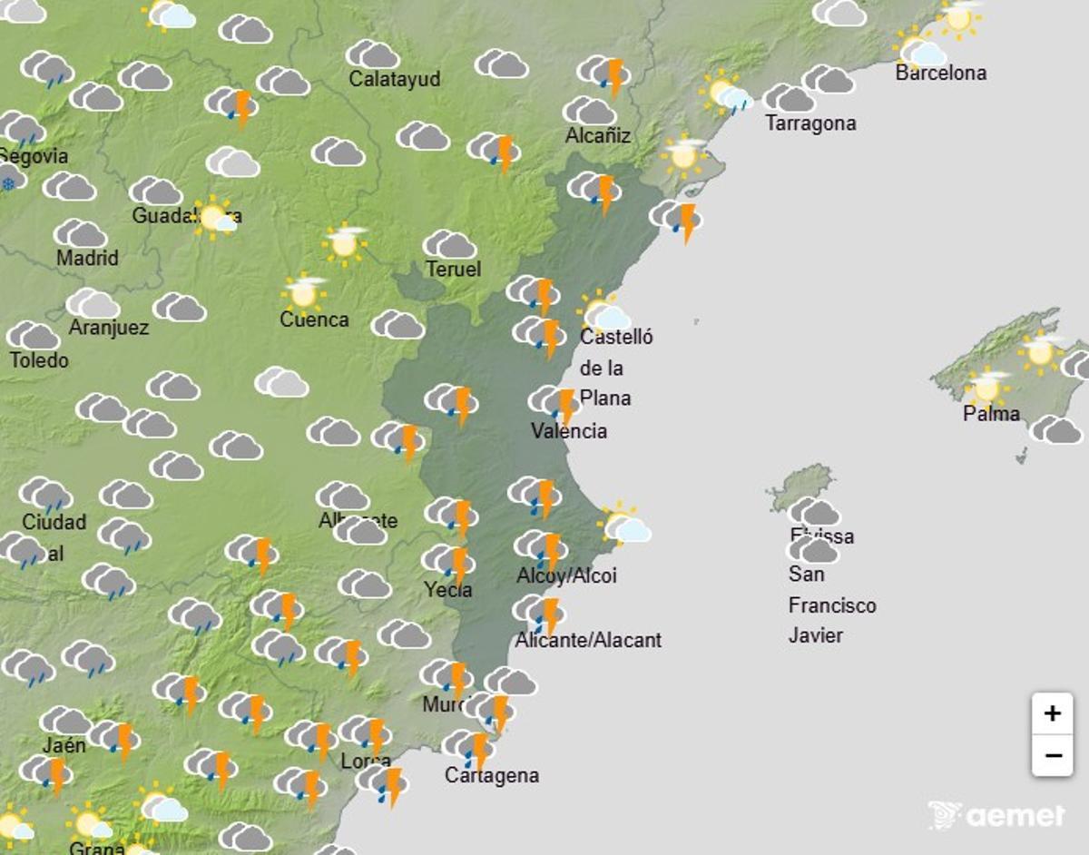 Mapa del tiempo previsto por la Aemet para mañana martes, con tormentas generalizadas
