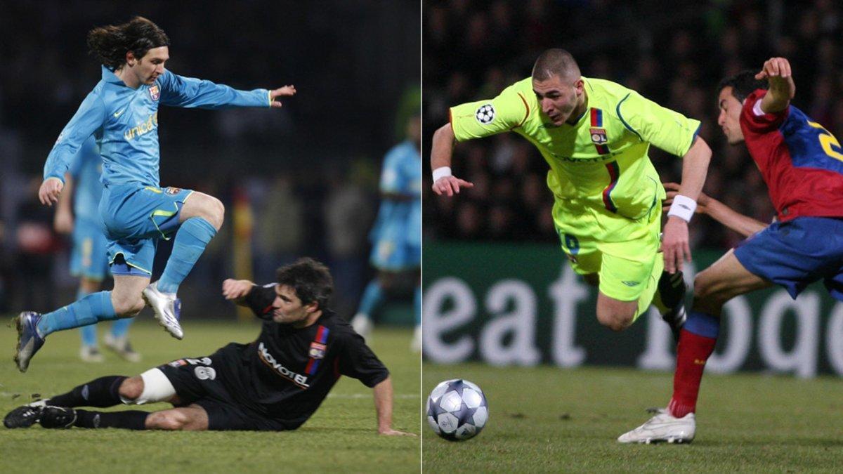 Leo Messi (izquierda) y Benzema y Busquets (derecha) en dos de los precedentes del Lyon-Barça de la Champions 2018/19