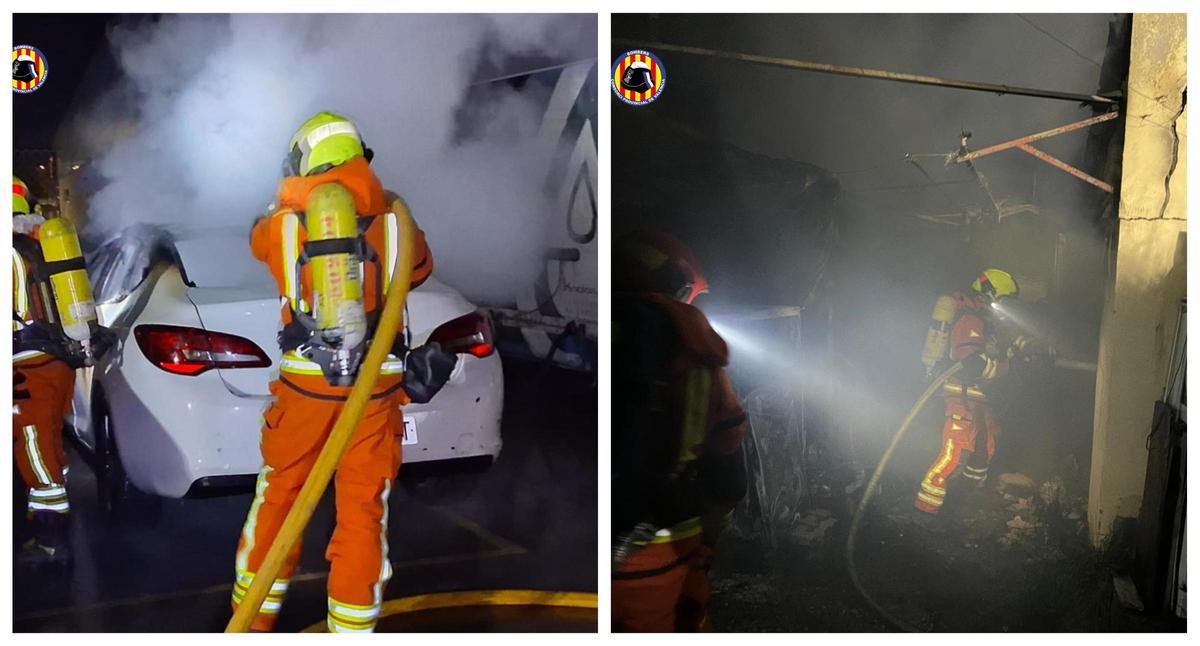A la izquierda, un momento de la actuación en la campa de Xàtiva. A la derecha, bomberos sofocan el incendio en la caseta de Moixent.
