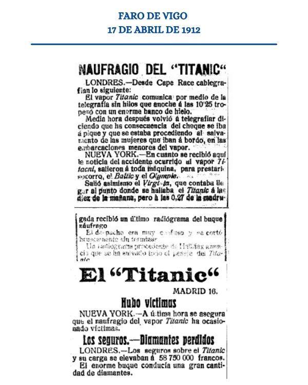 Los dos breves sobre el hundimiento del Titanic que publicó Faro de Vigo, el 17 de abril de 1912.