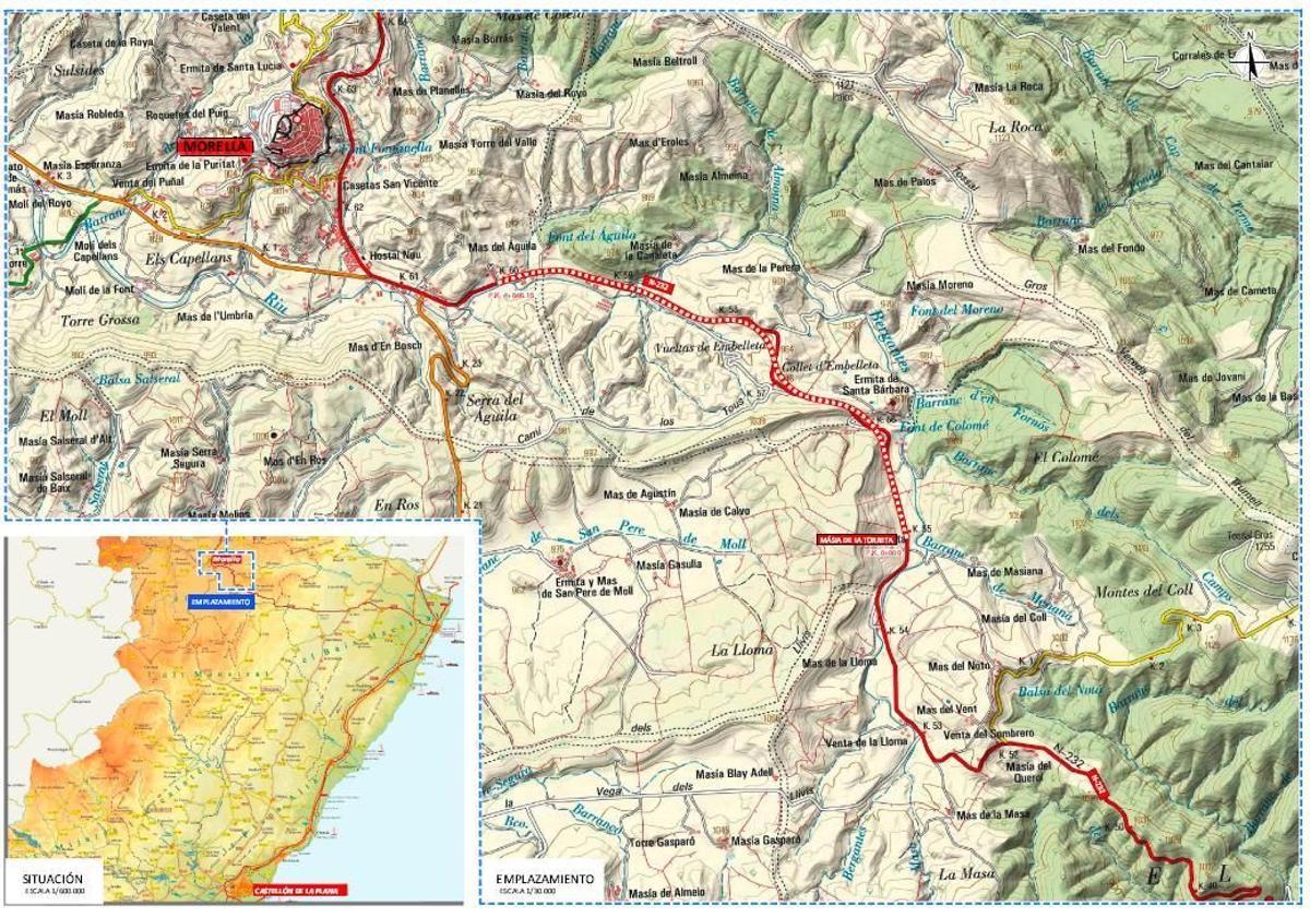 Tramo de la N-232 sobre el que se actuará en el término de Morella y el ya ejecutado.