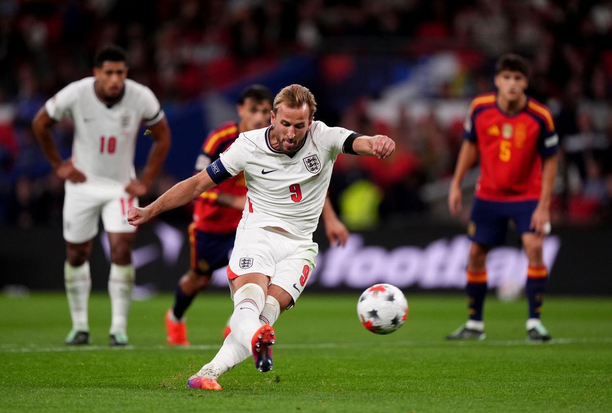26 September 2026, United Kingdom, London: England's Harry Kane misses a penalty during the UEFA Nations League group A3 soccer match between England and Spain at Wembley Stadium. Photo: Mike Egerton/PA Wire/dpa 26/09/2026 ONLY FOR USE IN SPAIN. Mike Egerton/PA Wire/dpa;soccer;football;sports;UEFA Nations League - England vs Spain