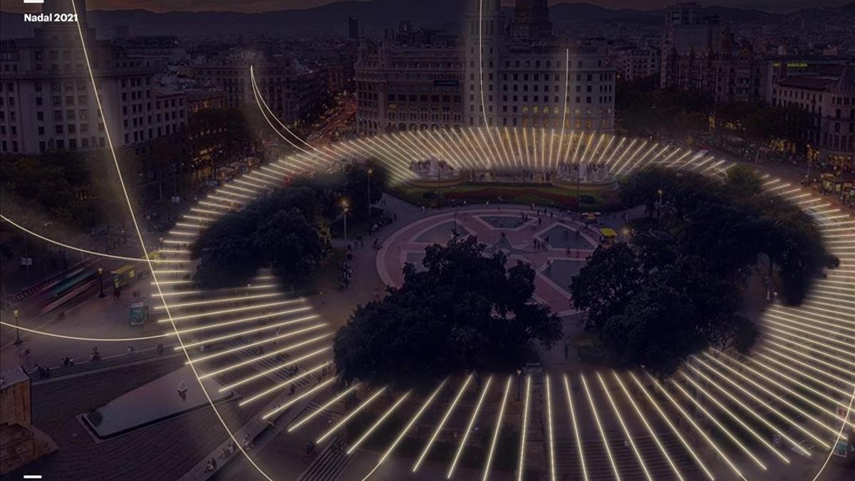 Simulación de las luces de Navidad 2021 en la plaza de Catalunya de Barcelona