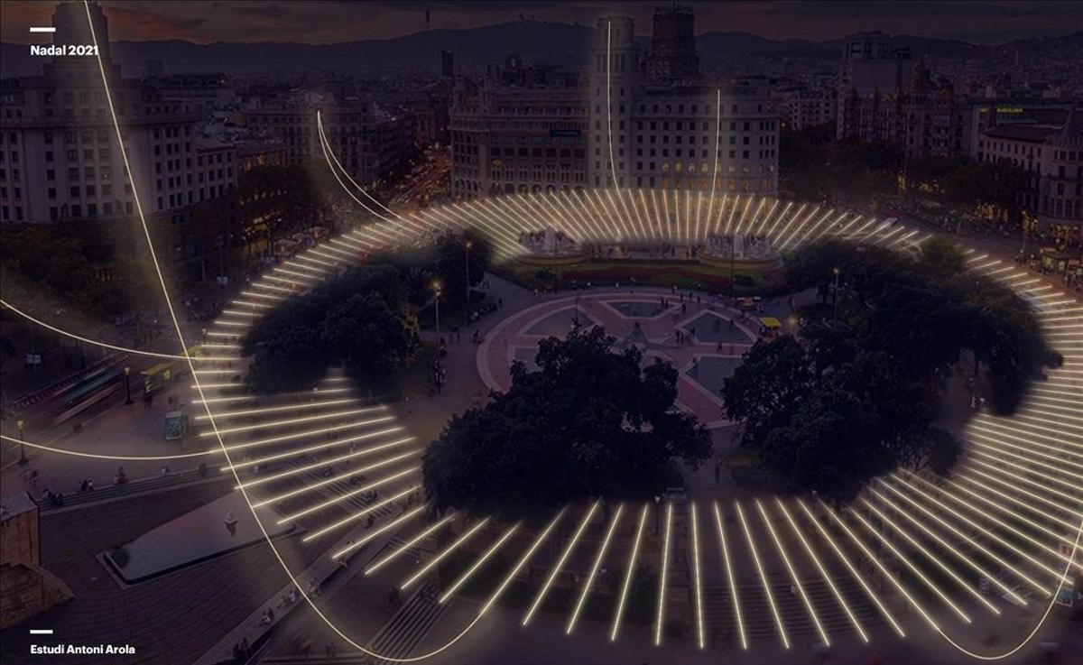 Simulación de las luces de Navidad 2021 en la plaza de Catalunya de Barcelona.