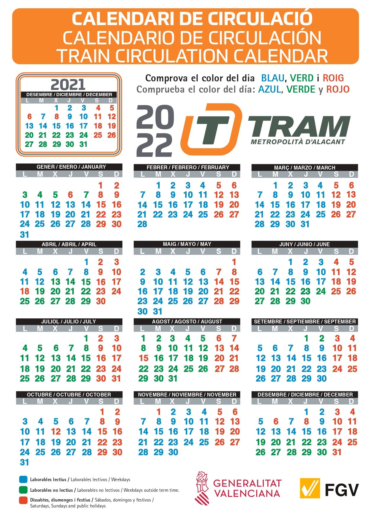 TRAM Alicante | Calendario de circulación de 2022