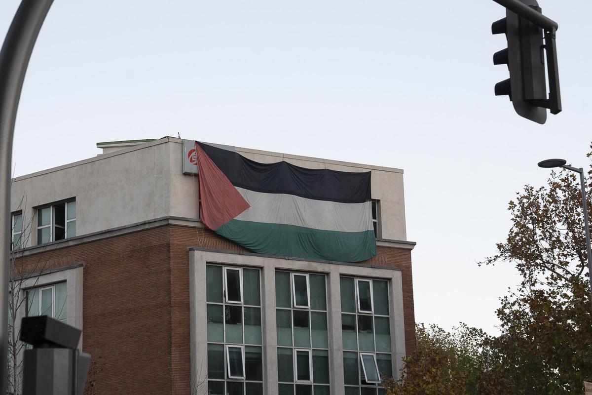 Vista de la bandera palestina en la fachada del edificio asaltado por los activistas propalestinos.