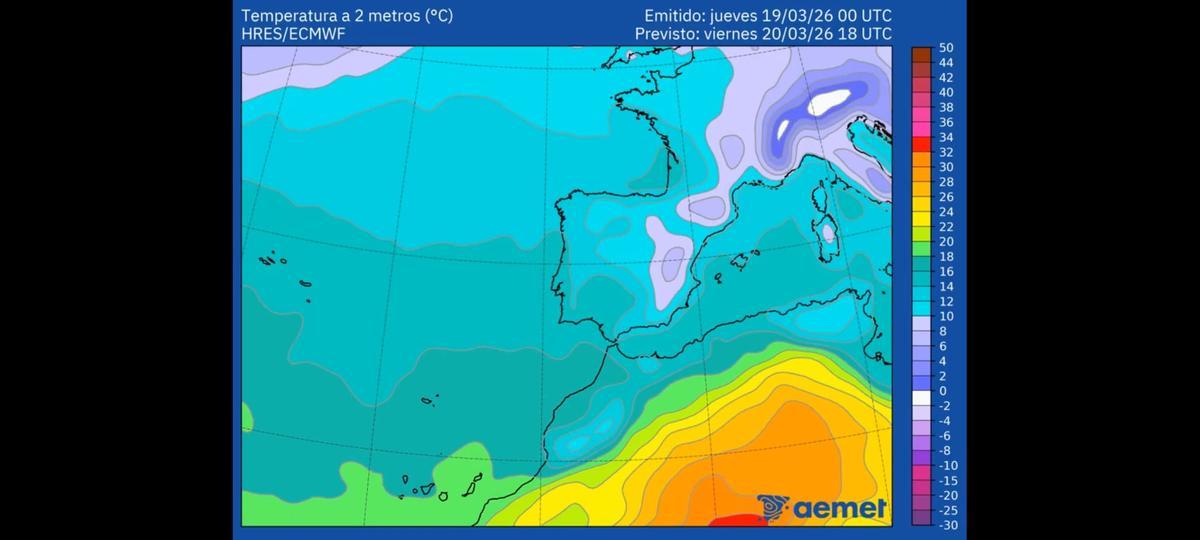 Temperatura prevista hoy viernes, 20 de marzo, en mapa de la Aemet.