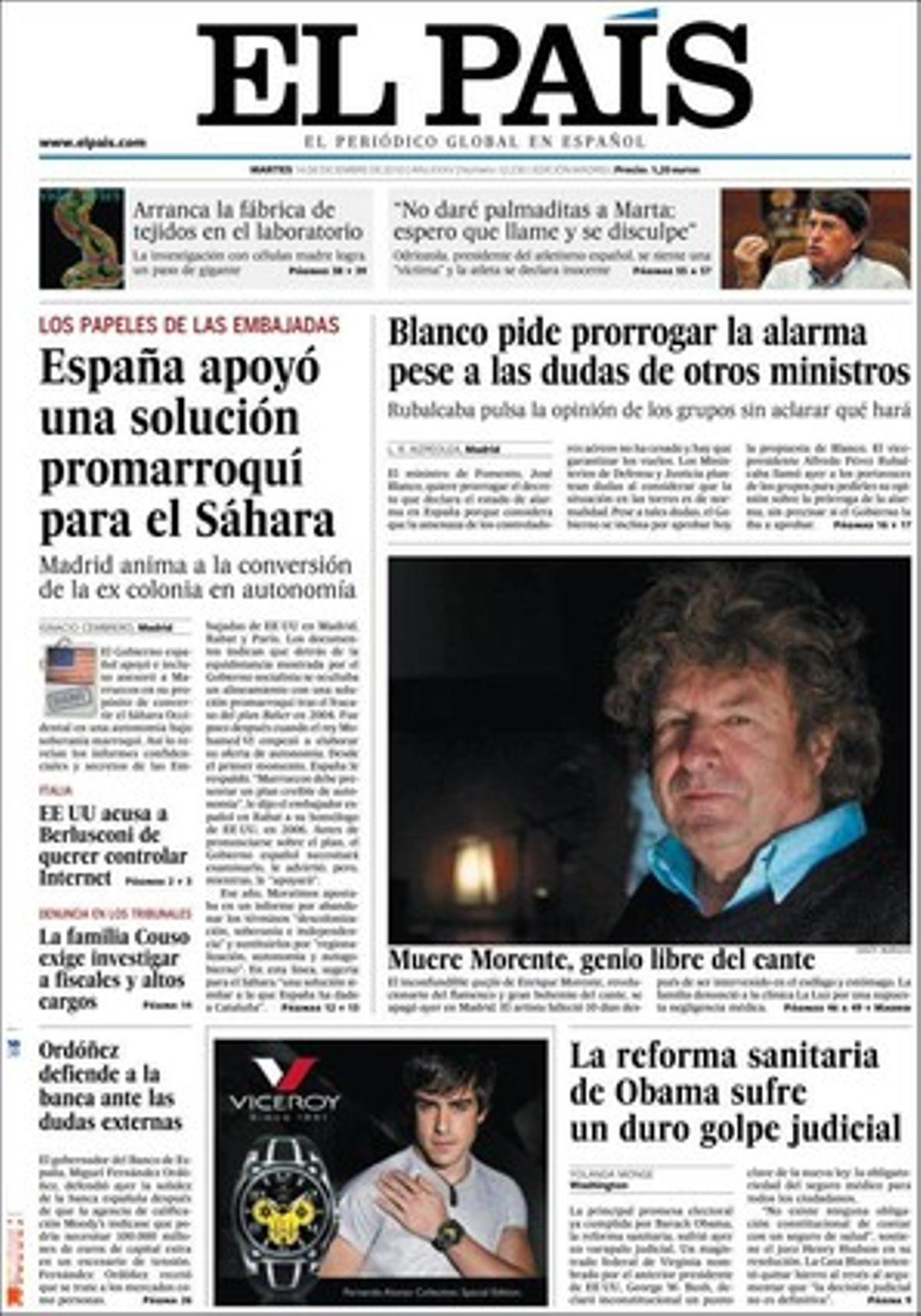 A més dels temes de portada, ’El País’ destaca a dins que Millet i Montull es negaran avui a declarar per les comissions de CiU, que Joan Rosell rescata per a la seva junta de Foment les patronals que van recolzar el seu rival Boixareu i que Catalunya registra les dues primeres morts de l’any per grip A.