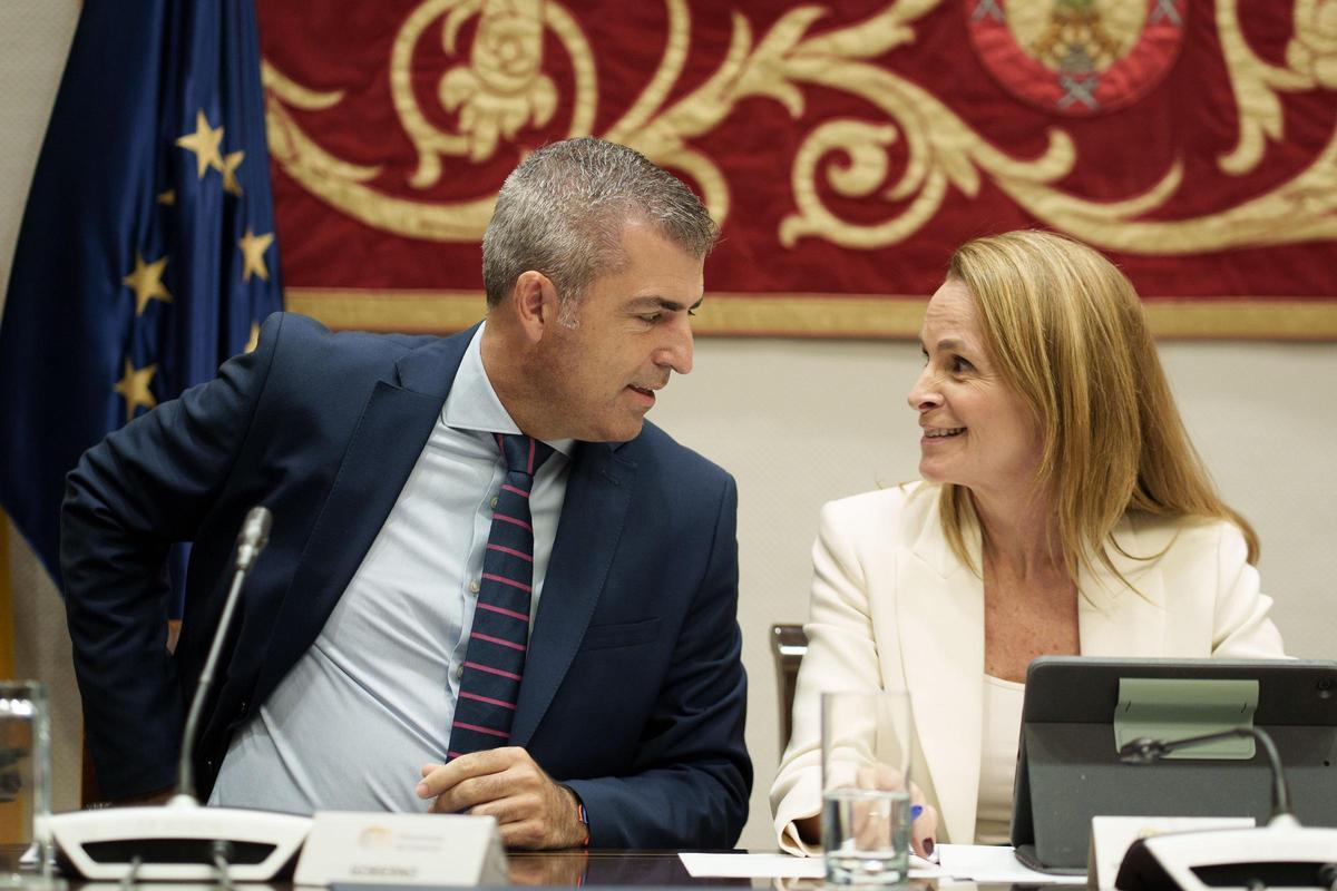 El vicepresidente Manuel Domínguez, conversa con la diputada del PP, Luz Reverón, en la Comisión de Presupuestos.