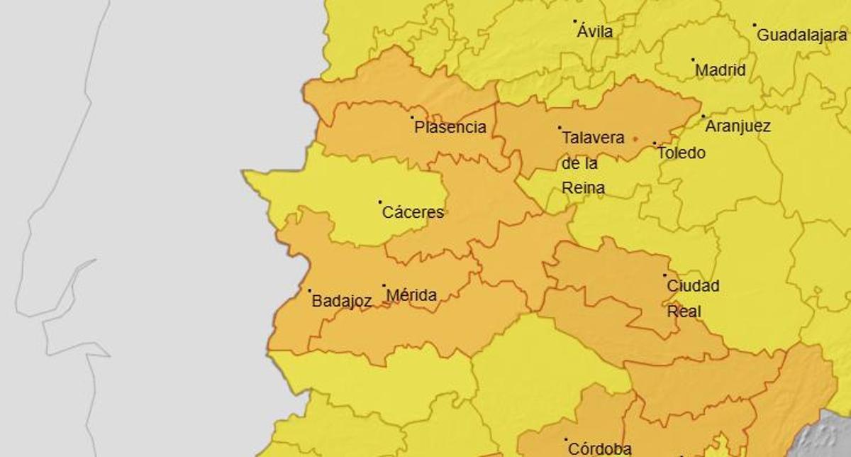 Zonas de Extremadura en alerta amarilla y alerta naranja