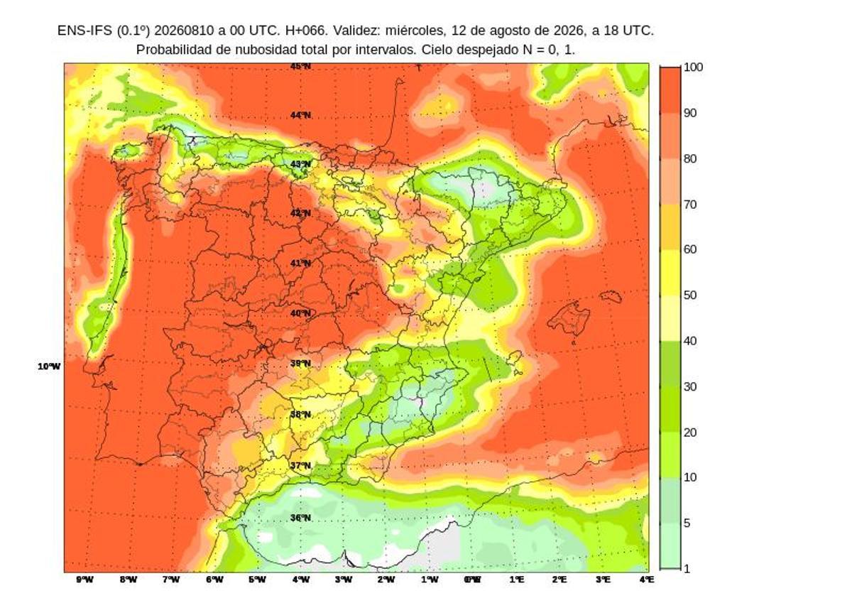 Mapa de nubosidad para el día del eclipse.