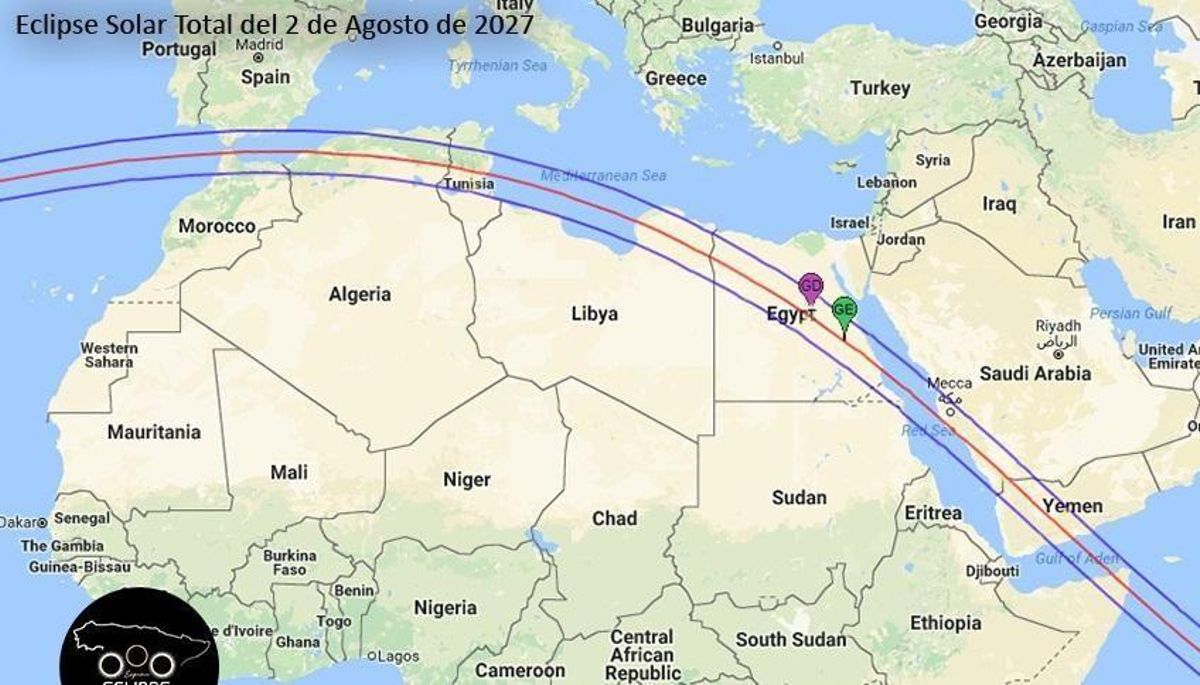 Franja donde se verá la totalidad del eclipse de 2027