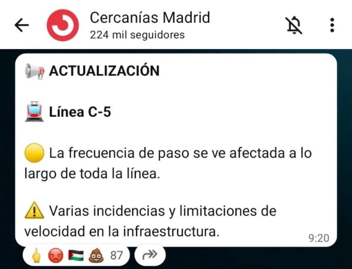 Aviso a través del canal de difusión de WhatsApp oficial de Cercanías Madrid a las 9:20 de la mañana