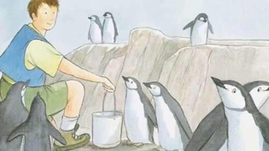 Ilustración de Henry Cole que muestra a Rob Gramzay observando a los pingüinos.