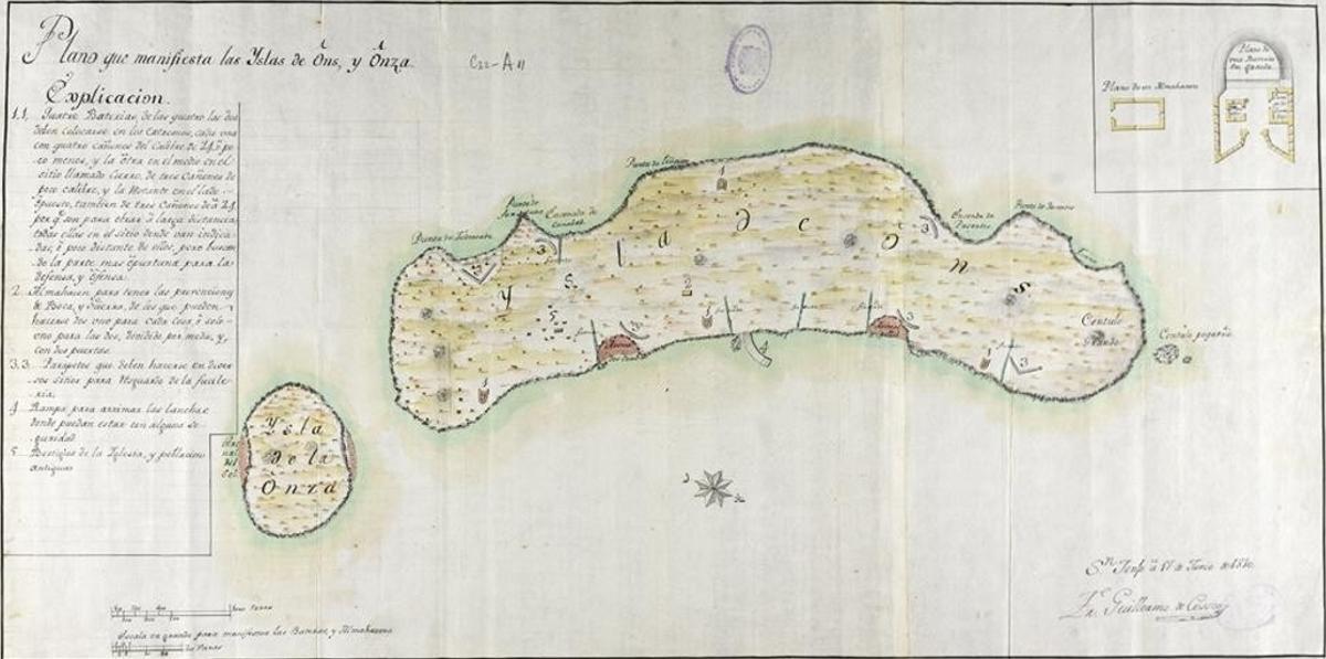 Plano digitalizado del Arquivo do Reino de Galicia (accesible en Galiciana) donde se detalla el plan de construciciones de defensas de Ons